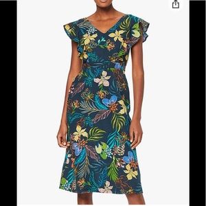 Tropical A-Line Cotton Dress With Ruffle Sleeves